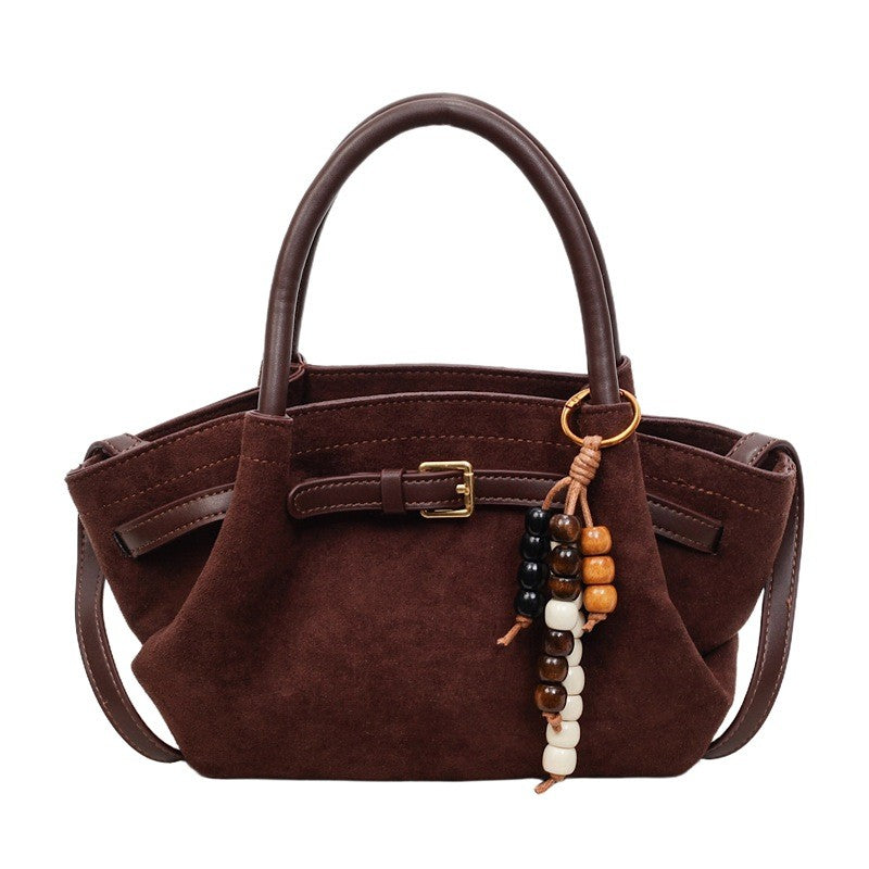 Faux Suede Belted Winged Top Handle Bag - Chocolate