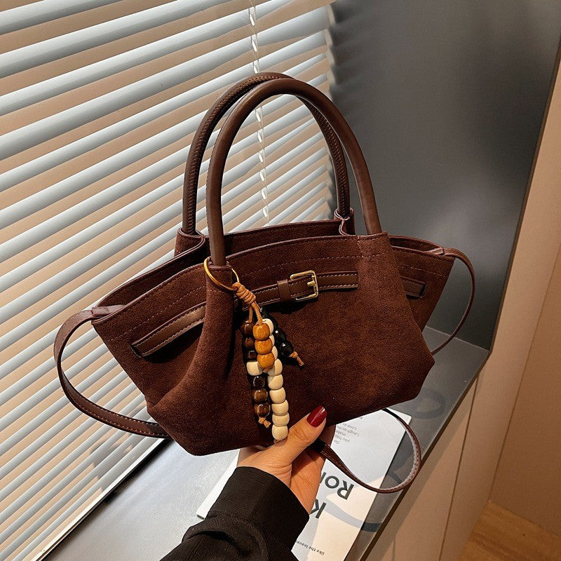 Faux Suede Belted Winged Top Handle Bag