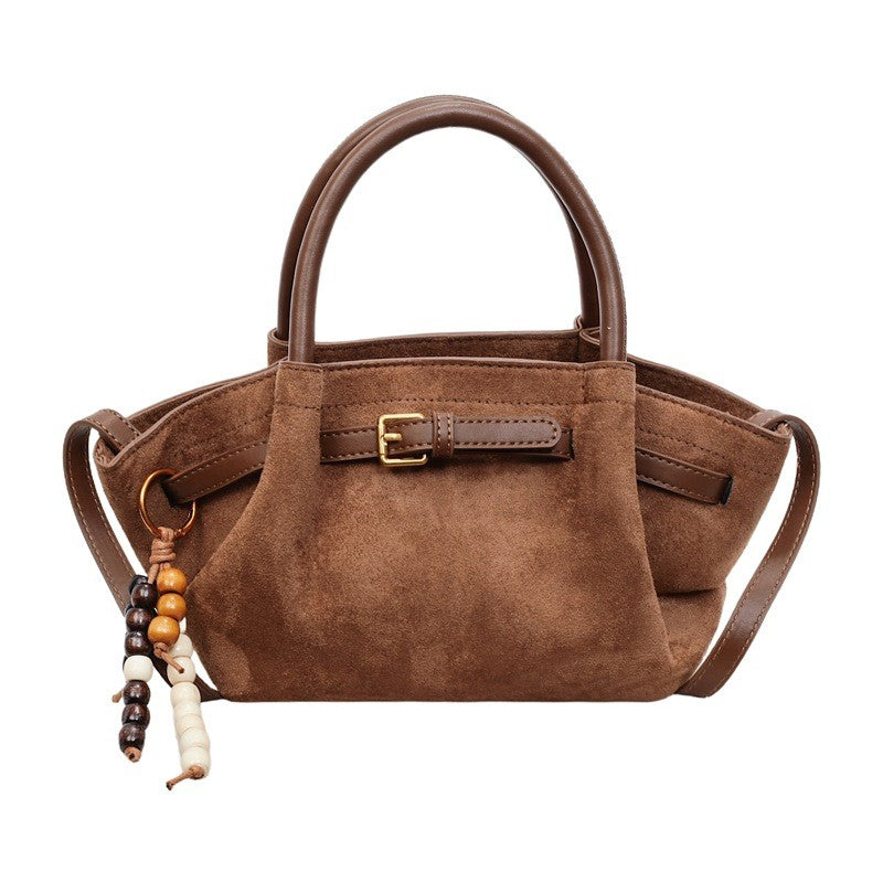 Faux Suede Belted Winged Top Handle Bag