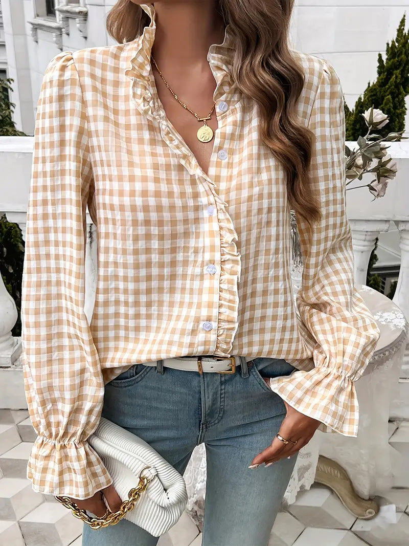 Ruffle Placket Gingham Check Long Sleeve Shirt - Apricot