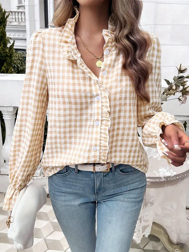 Ruffle Placket Gingham Check Long Sleeve Shirt - Begie
