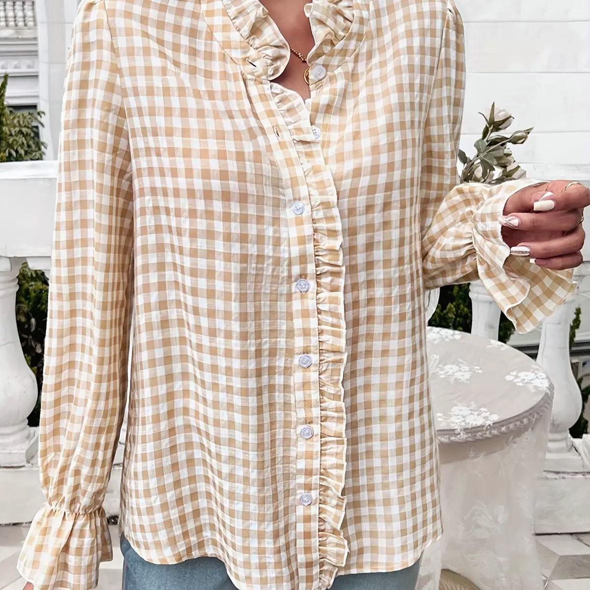 Ruffle Placket Gingham Check Long Sleeve Shirt - Begie - 1