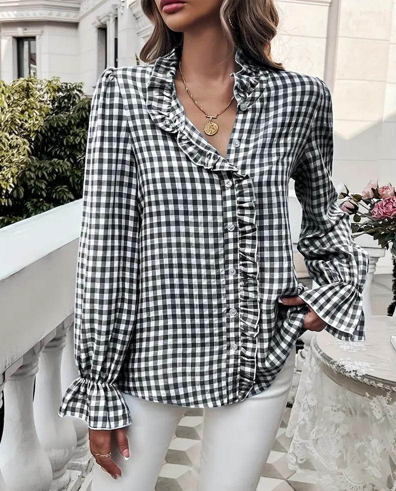 Ruffle Placket Gingham Check Long Sleeve Shirt - Black - 1