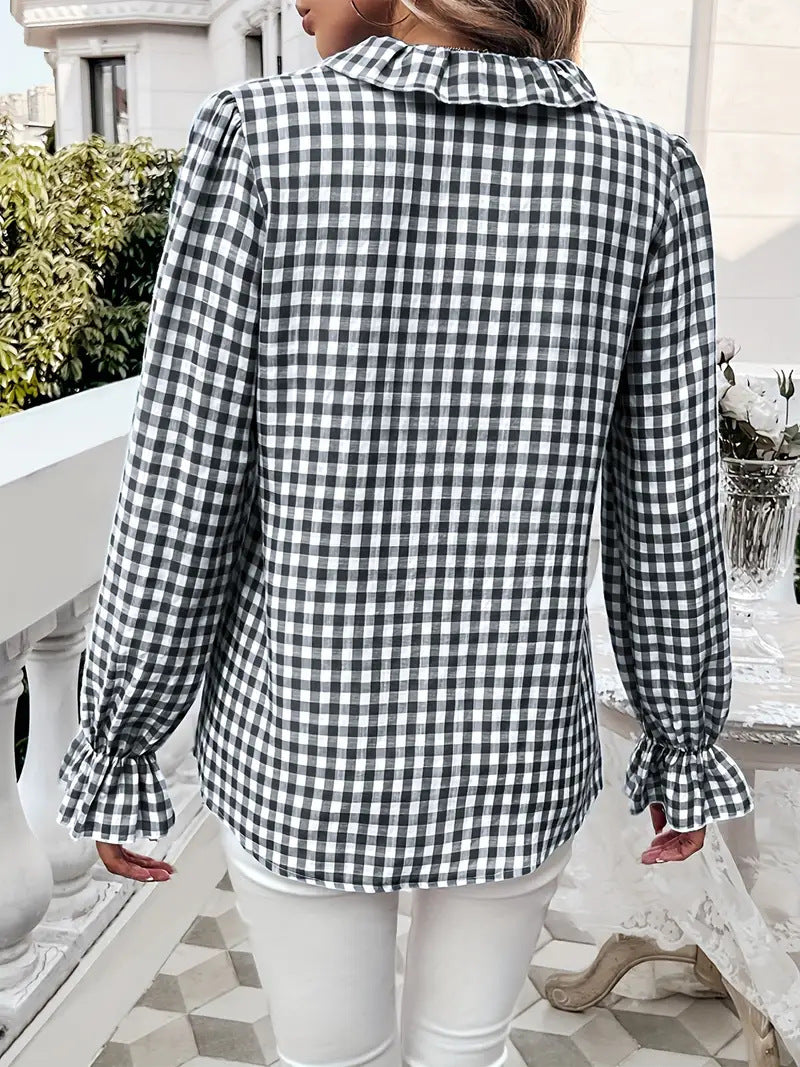 Ruffle Placket Gingham Check Long Sleeve Shirt - Black - 2