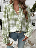 Ruffle Placket Gingham Check Long Sleeve Shirt - Green