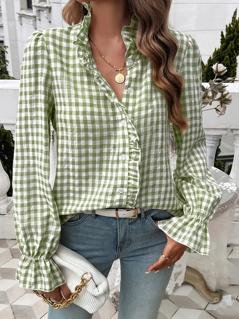 Ruffle Placket Gingham Check Long Sleeve Shirt - Green