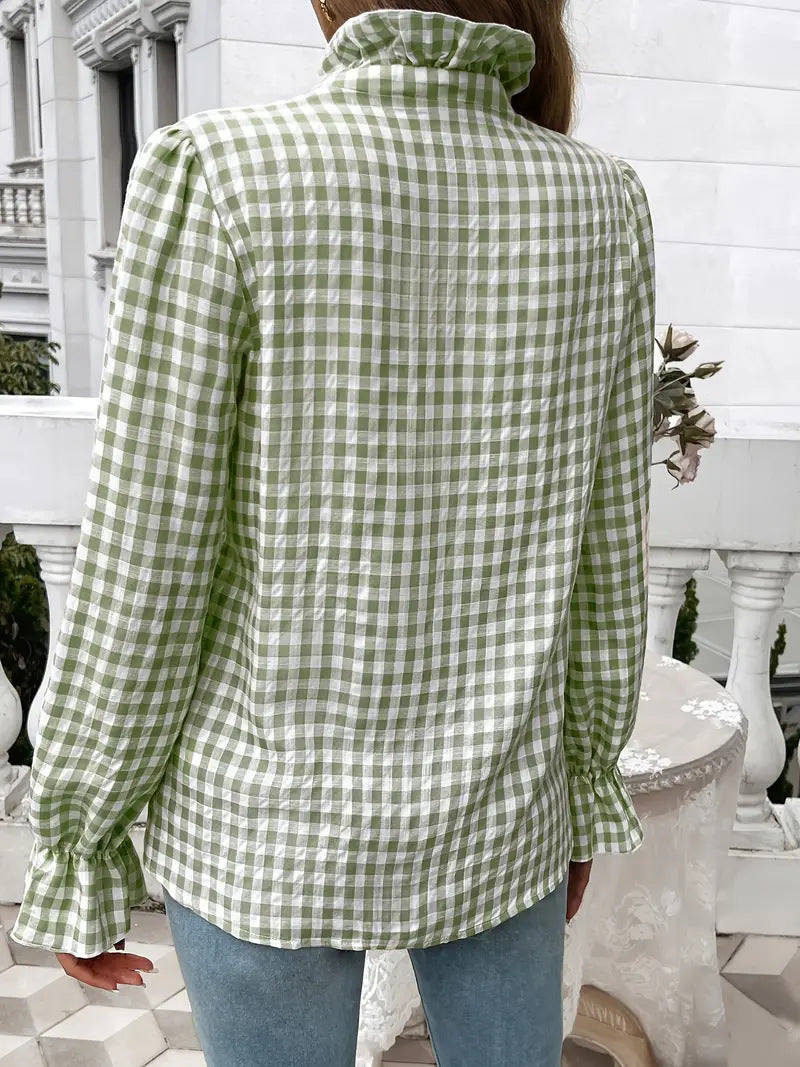 Ruffle Placket Gingham Check Long Sleeve Shirt - Green - 1