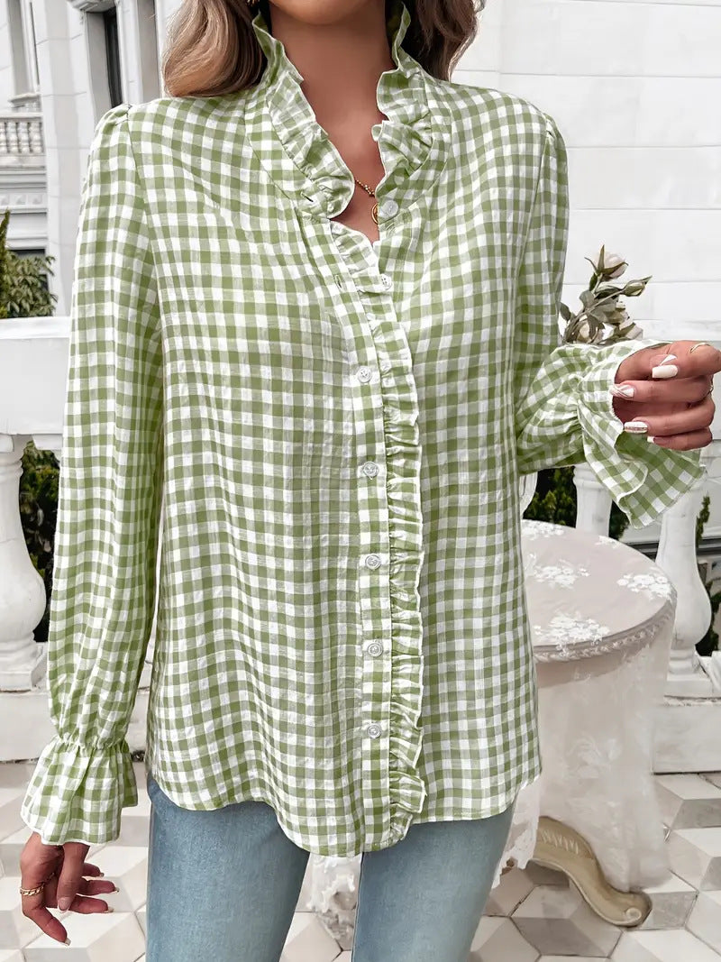 Ruffle Placket Gingham Check Long Sleeve Shirt - Green - 2
