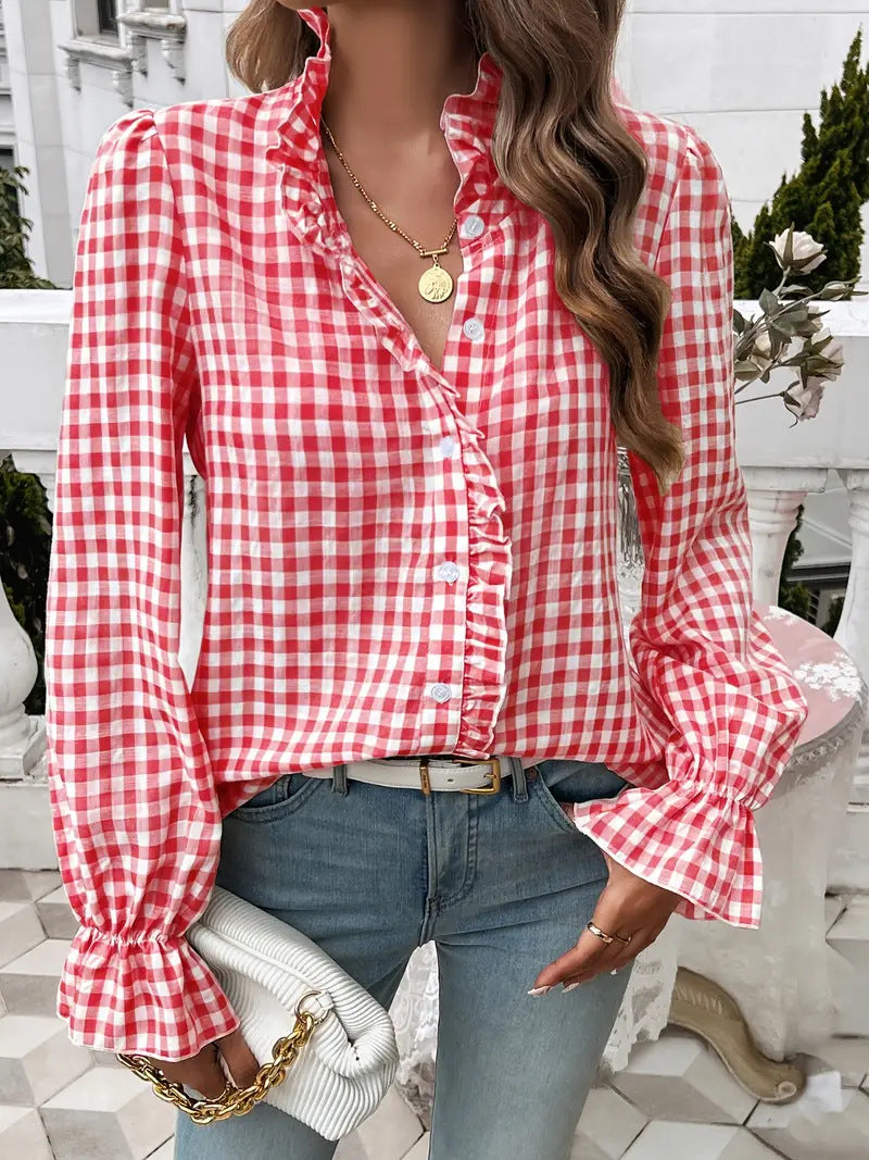 Ruffle Placket Gingham Check Long Sleeve Shirt - Red