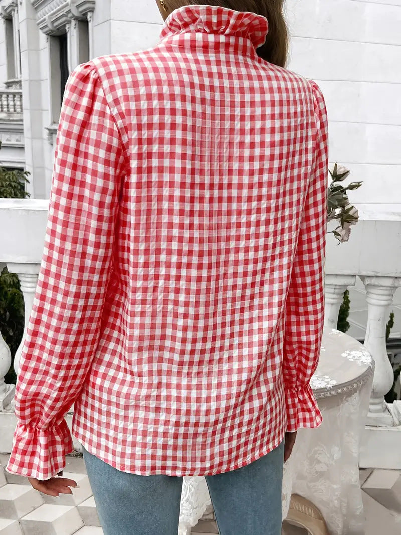Ruffle Placket Gingham Check Long Sleeve Shirt - Red - 1