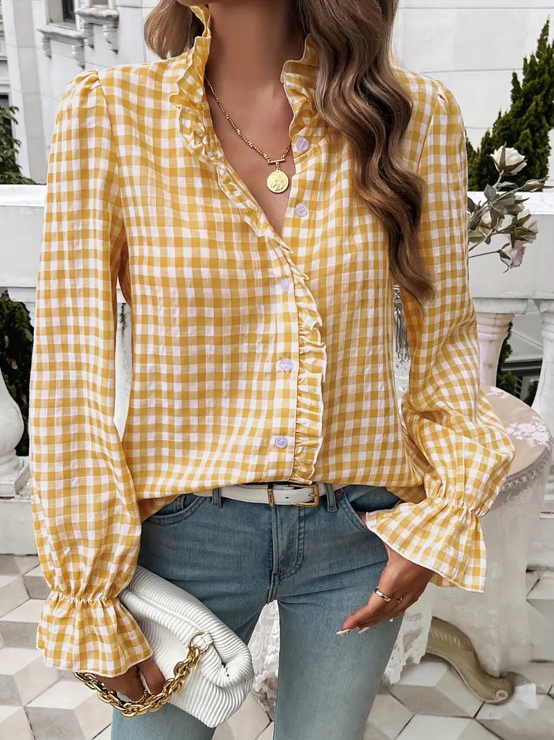 Ruffle Placket Gingham Check Long Sleeve Shirt - Yellow