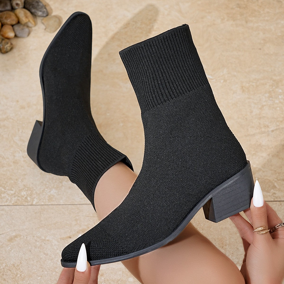 Stretch Knit Pointed Toe Western Sock Boots - Black