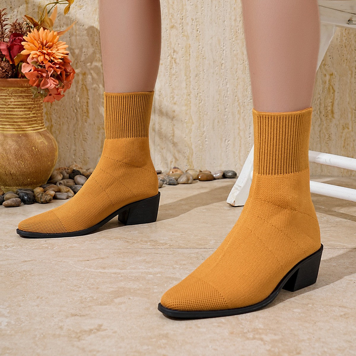 Stretch Knit Pointed Toe Western Sock Boots