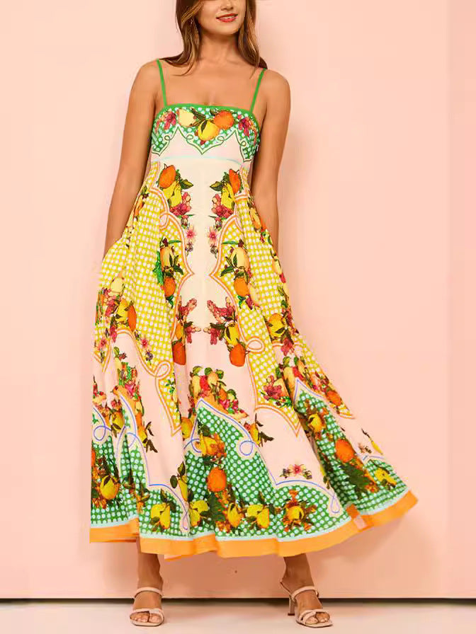 Fruit Border Print Square Neck Maxi Dress - Printed - 3