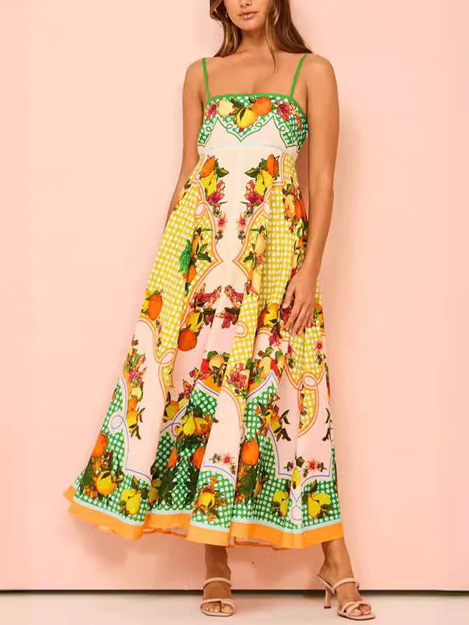 Fruit Border Print Square Neck Maxi Dress