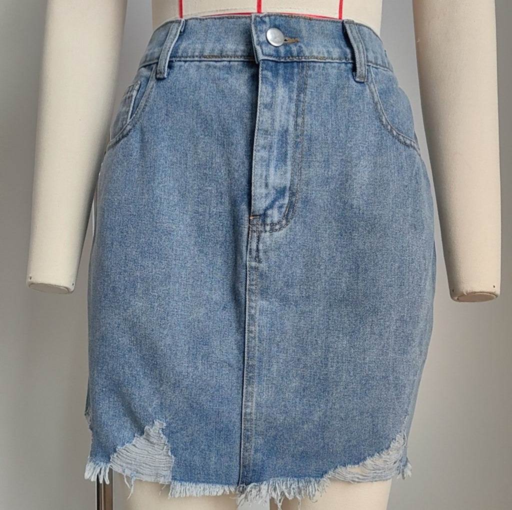 Distressed Frayed Hem Denim Mini Skirt - Blue - 1