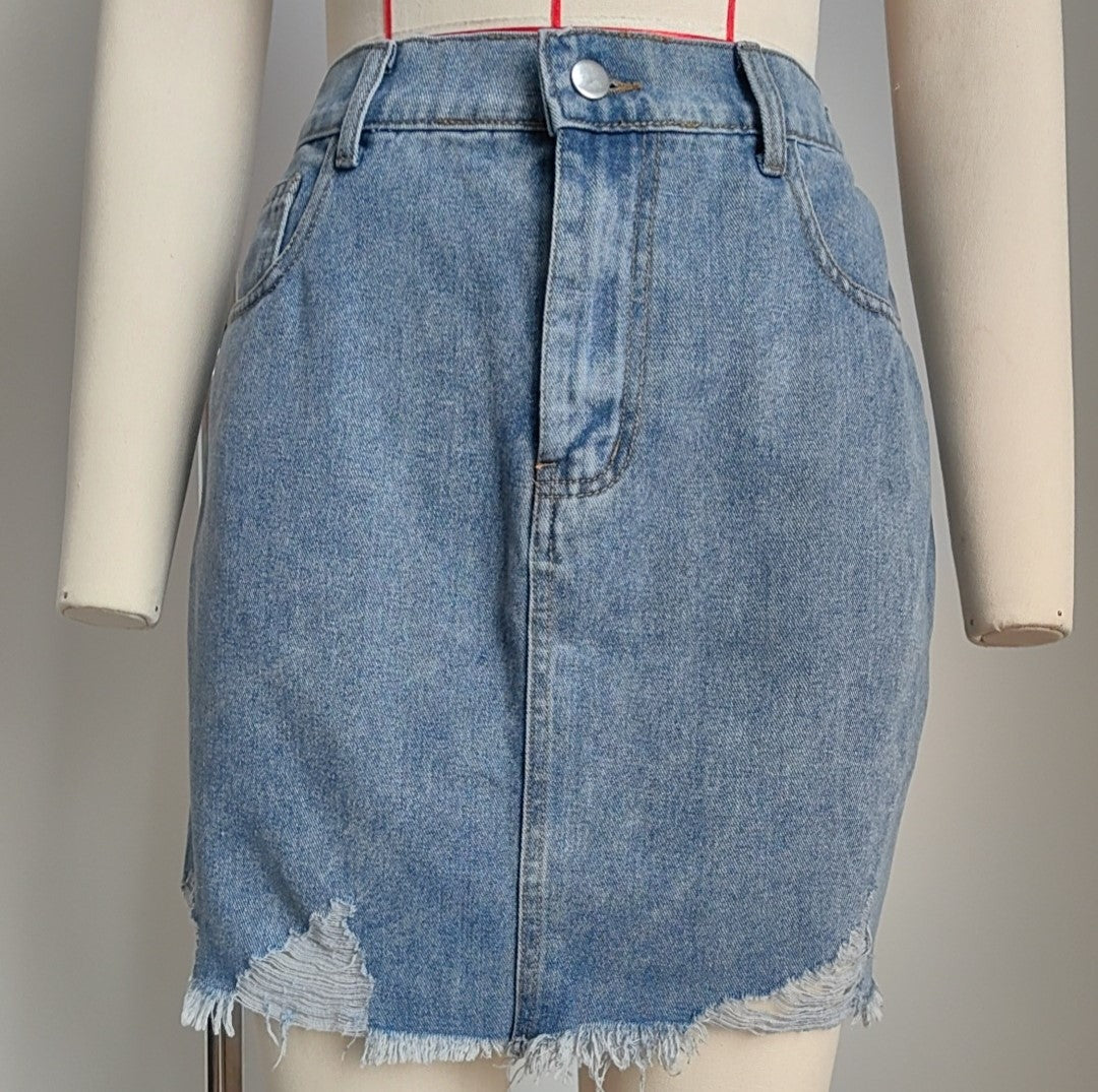 Distressed Frayed Hem Denim Mini Skirt - Blue - 1