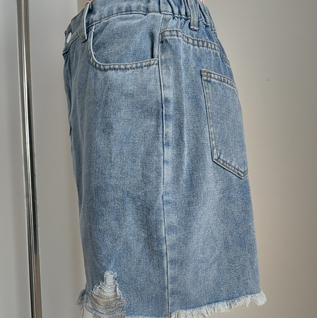 Distressed Frayed Hem Denim Mini Skirt - Blue - 2