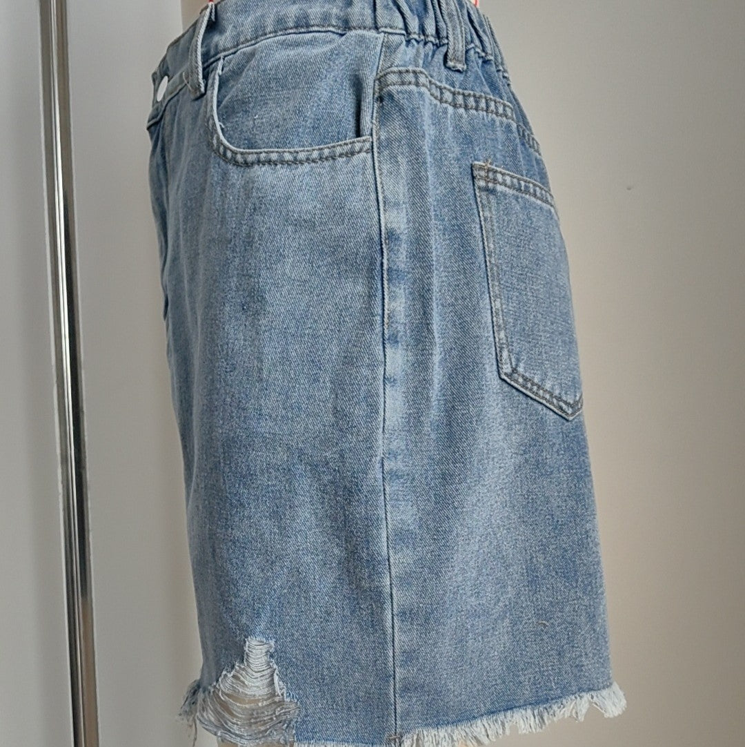 Distressed Frayed Hem Denim Mini Skirt - Blue - 2