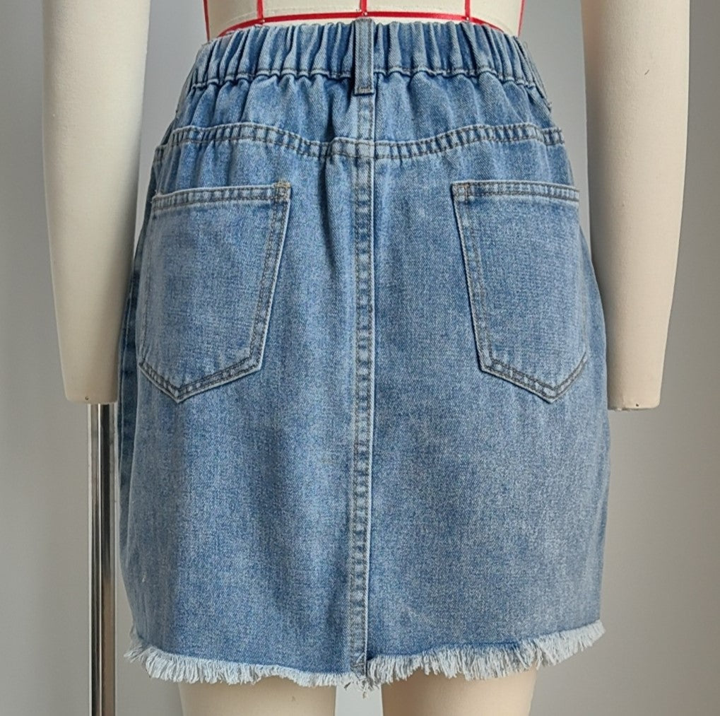 Distressed Frayed Hem Denim Mini Skirt - Blue - 6