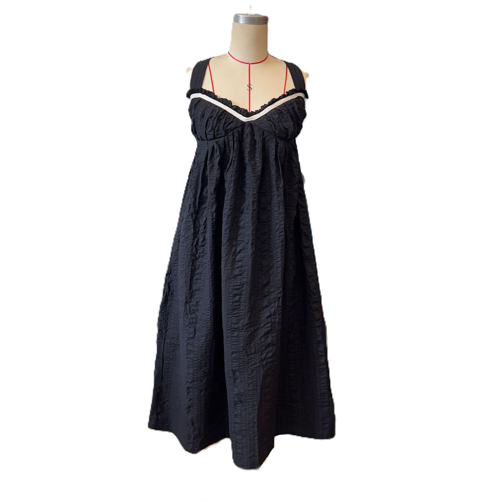 Contrast Trim Crossback Cotton Sundress - Black