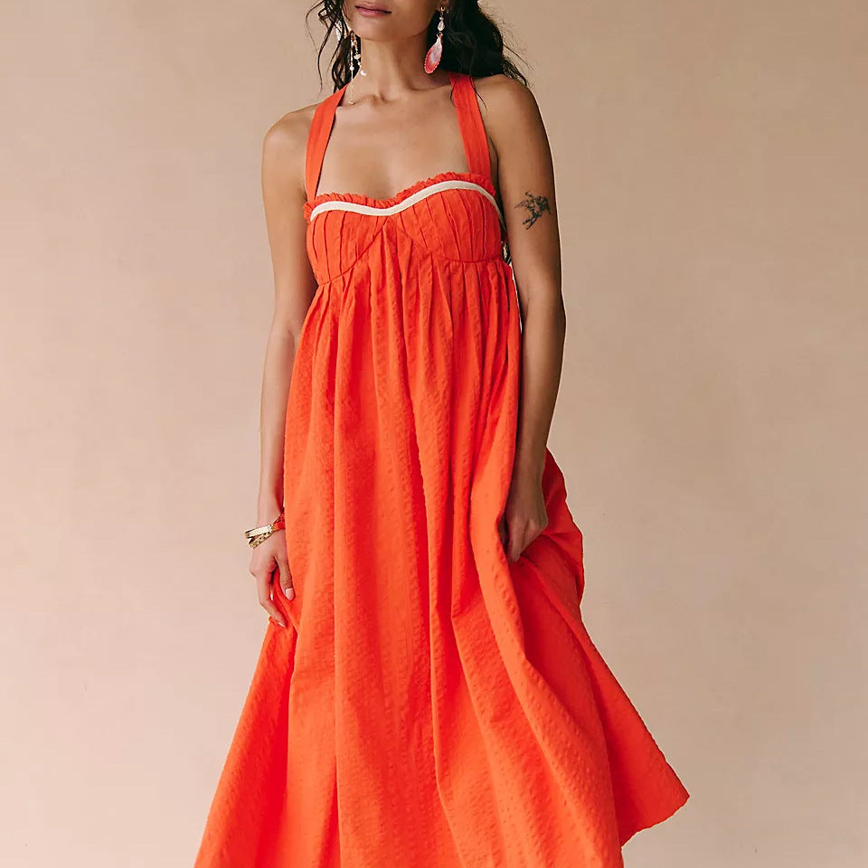 Contrast Trim Crossback Cotton Sundress - Orange