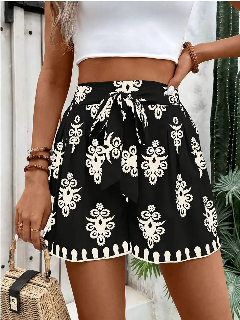 Boho Medallion Print Tie Waist Shorts - Black