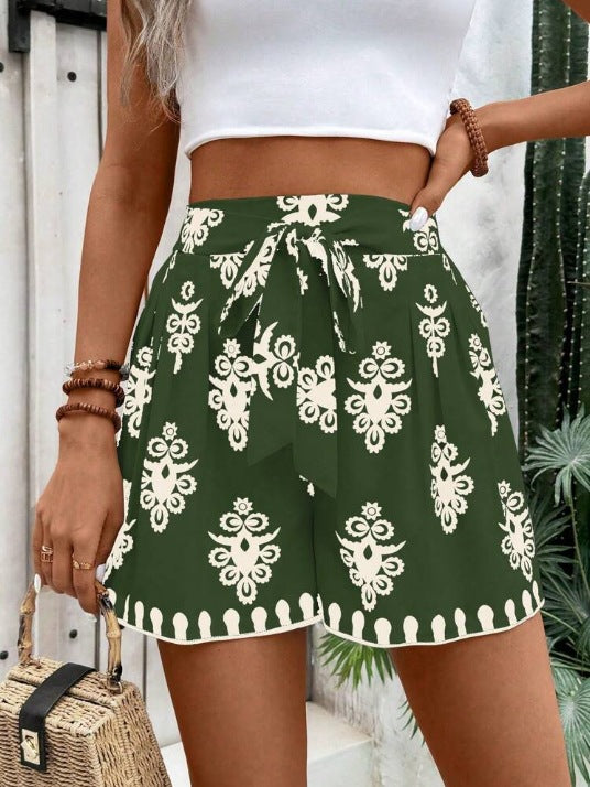 Boho Medallion Print Tie Waist Shorts - DkGreen
