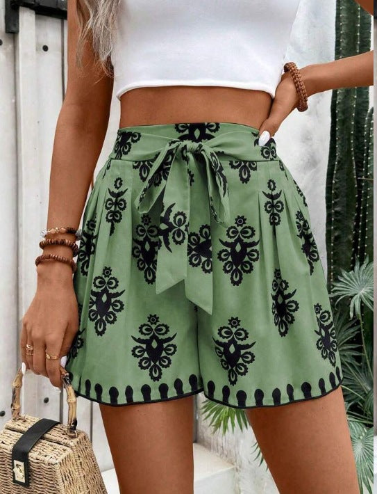 Boho Medallion Print Tie Waist Shorts - Green
