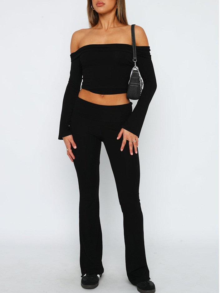 Fold Over Waist Low Rise Flare Pants - Black
