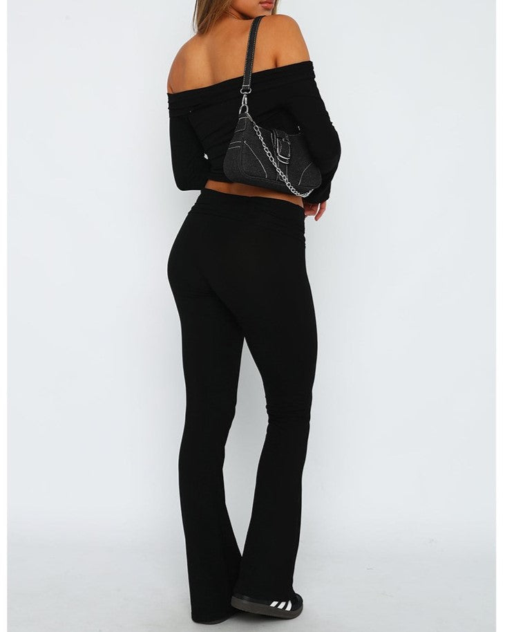 Fold Over Waist Low Rise Flare Pants - Black - 1