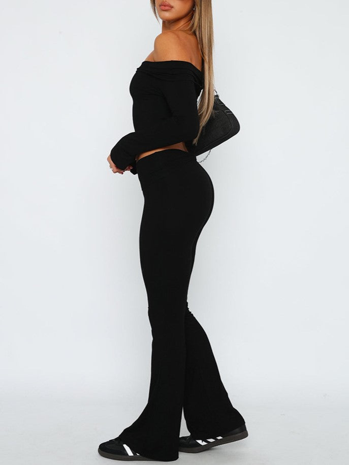 Fold Over Waist Low Rise Flare Pants - Black - 2