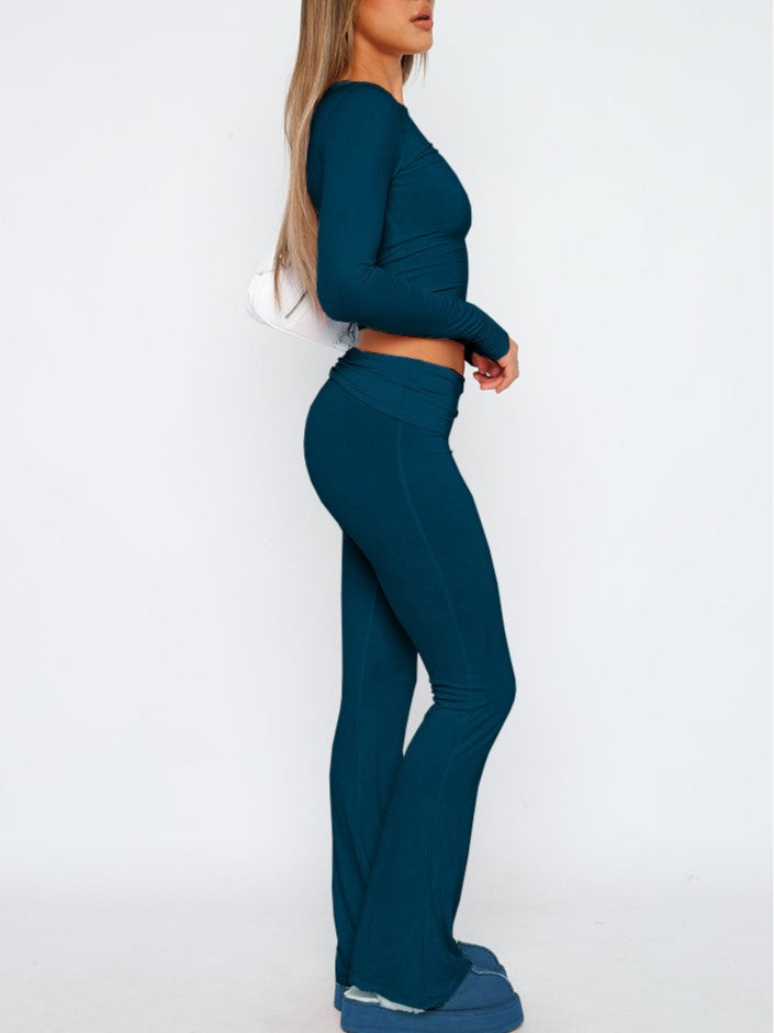 Fold Over Waist Low Rise Flare Pants - Navy - 1