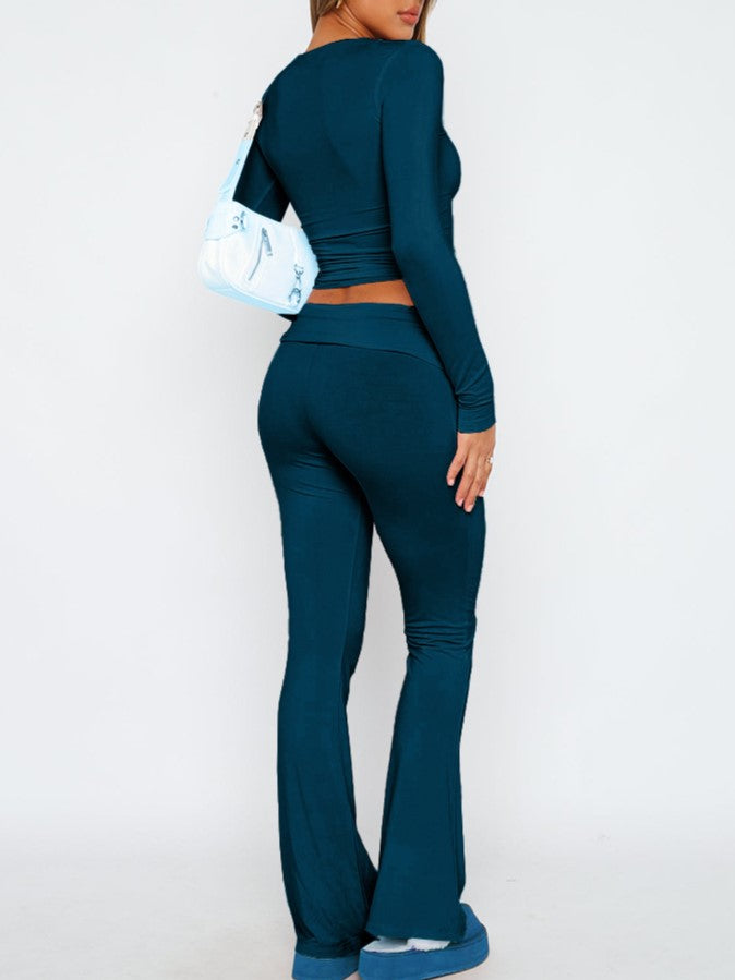 Fold Over Waist Low Rise Flare Pants - Navy - 2