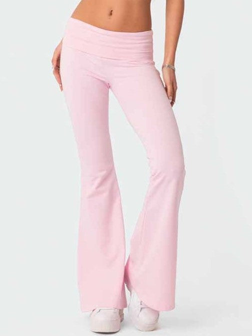 Fold Over Waist Low Rise Flare Pants - Pink