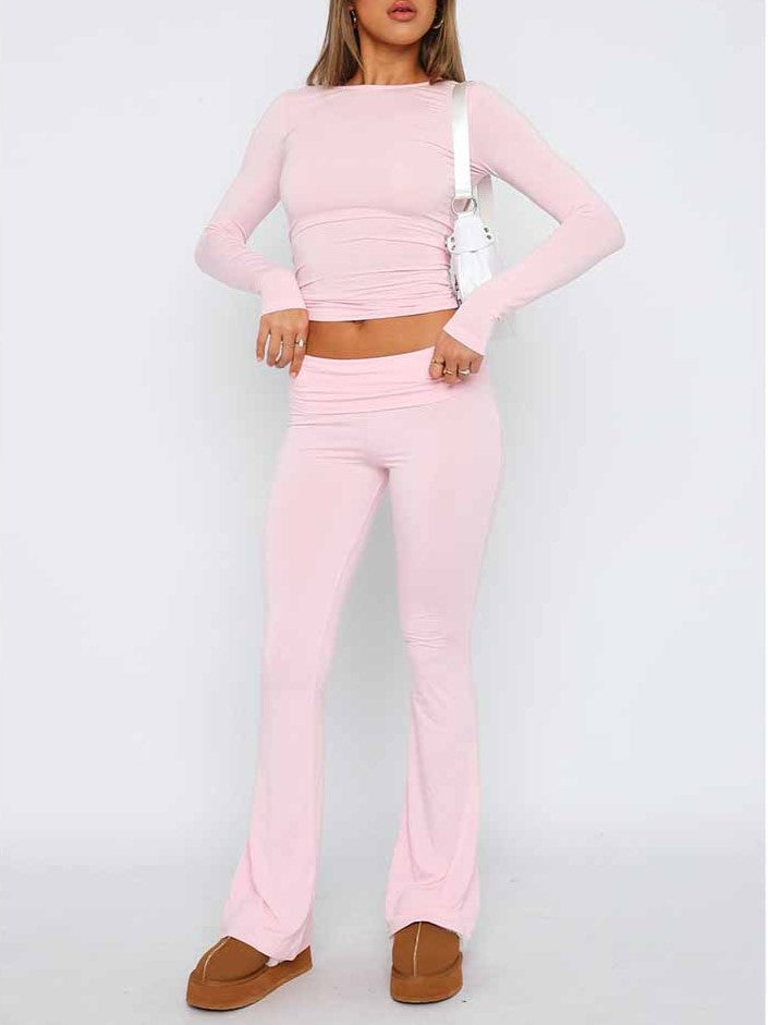 Fold Over Waist Low Rise Flare Pants - Pink - 1