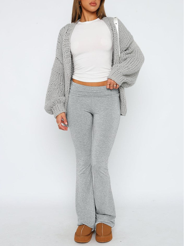 Fold Over Waist Low Rise Flare Pants - ash