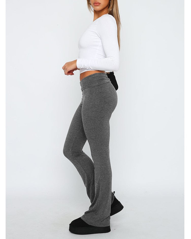 Fold Over Waist Low Rise Flare Pants - gray - 2