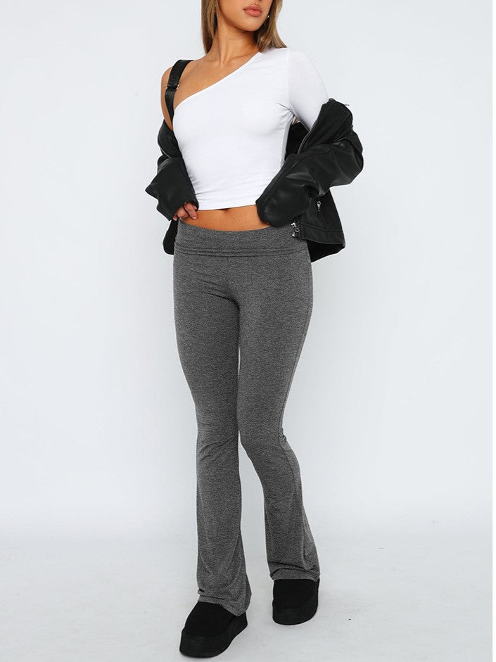 Fold Over Waist Low Rise Flare Pants - gray - 3