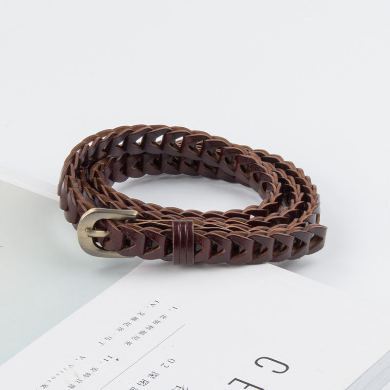 Vintage Chain Link Woven Thin Belt - Coffee