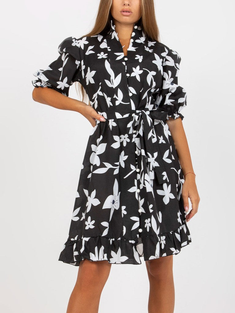 Bold Floral Belted Mini Shirt Dress - Black