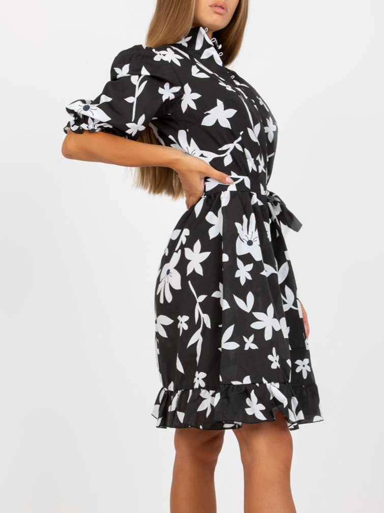 Bold Floral Belted Mini Shirt Dress - Black - 2