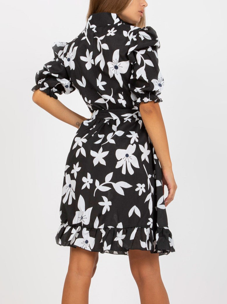 Bold Floral Belted Mini Shirt Dress - Black - 3