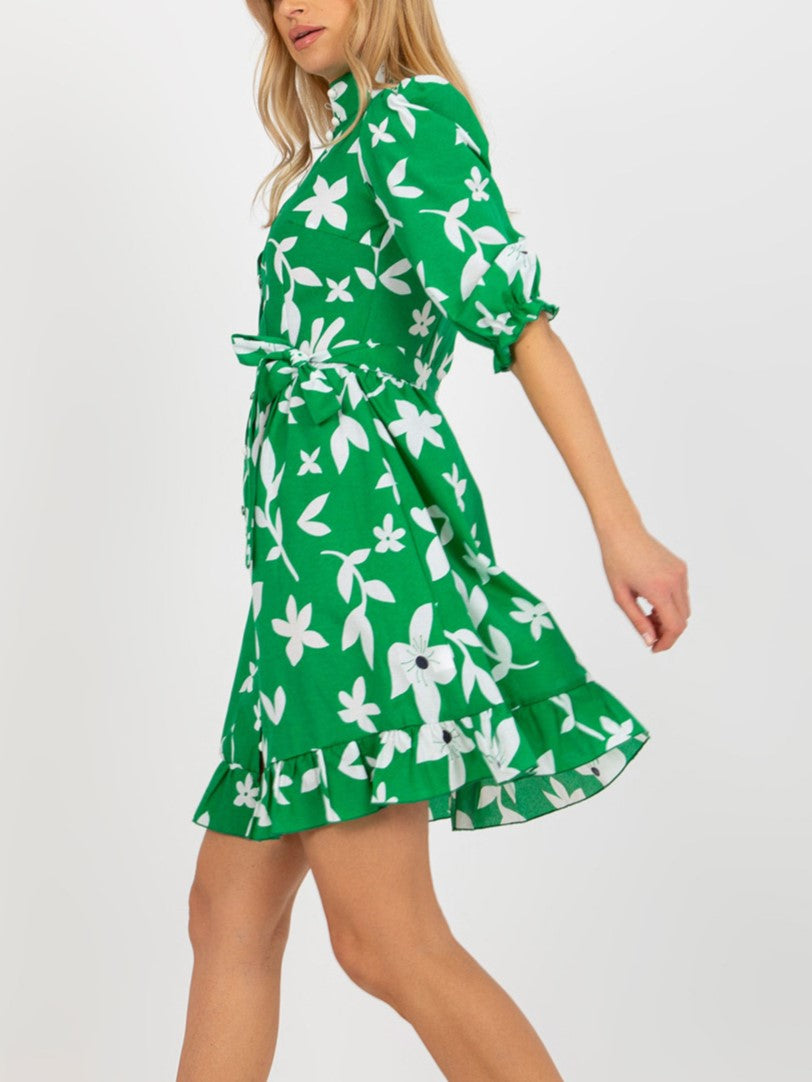 Bold Floral Belted Mini Shirt Dress - Green - 2