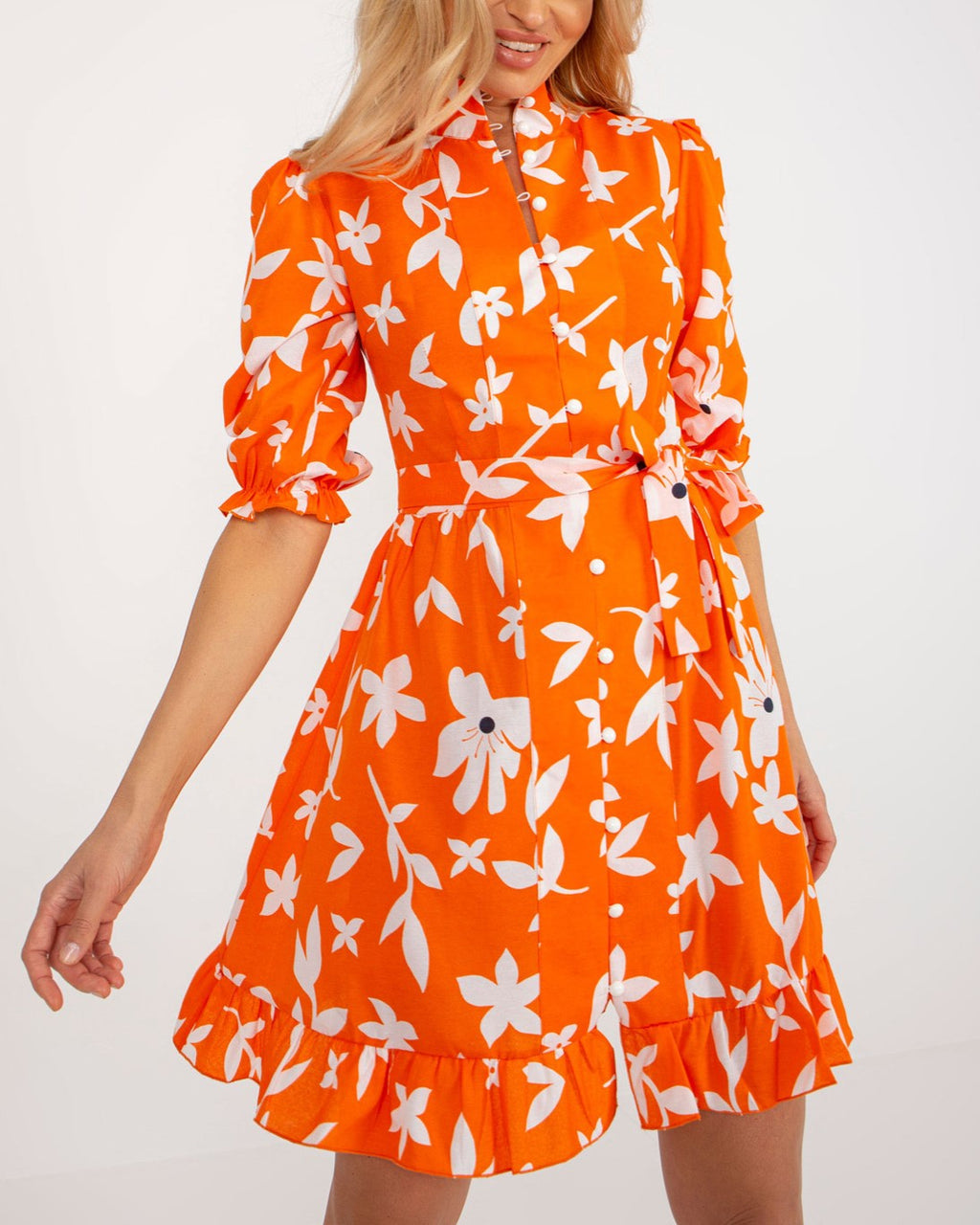 Bold Floral Belted Mini Shirt Dress - Orange