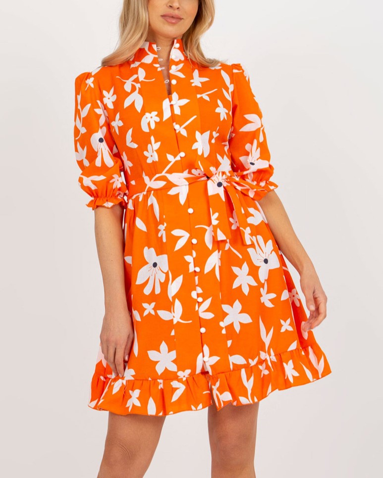 Bold Floral Belted Mini Shirt Dress - Orange - 1