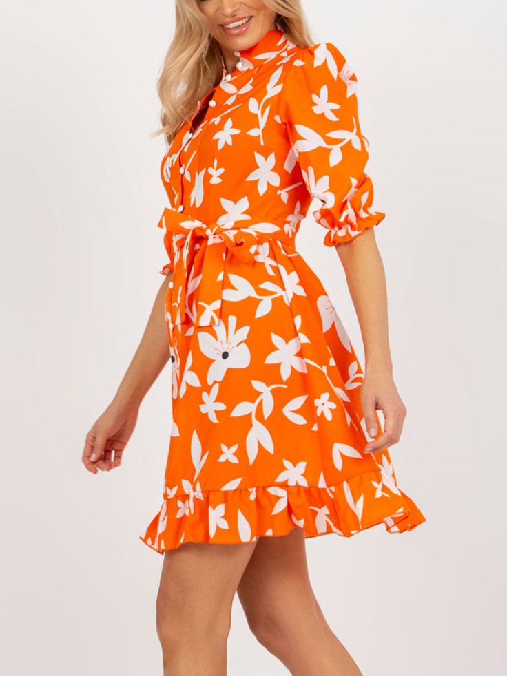 Bold Floral Belted Mini Shirt Dress - Orange - 2