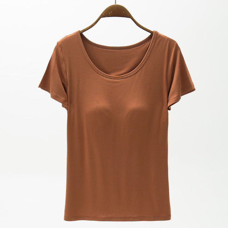 Seamless Padded Cup Scoop Neck Tee - Caramel