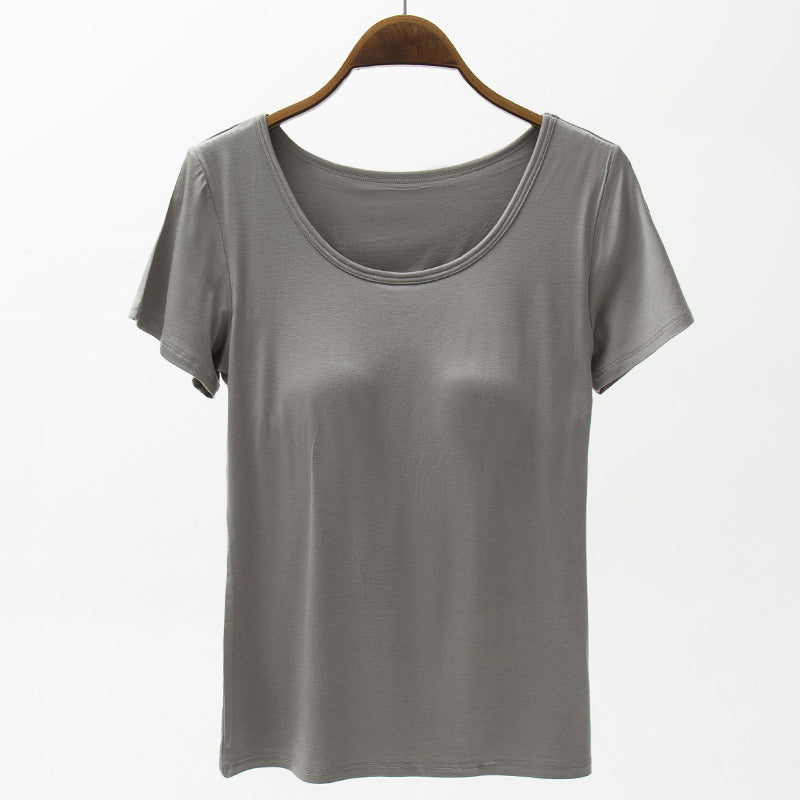Seamless Padded Cup Scoop Neck Tee - Grey