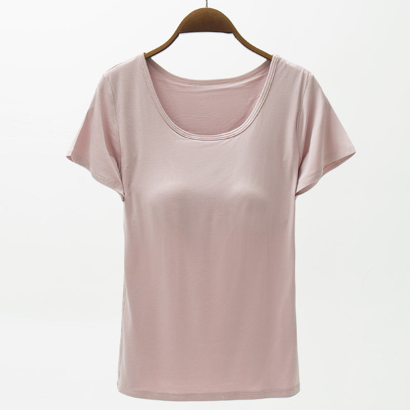 Seamless Padded Cup Scoop Neck Tee - LightPink